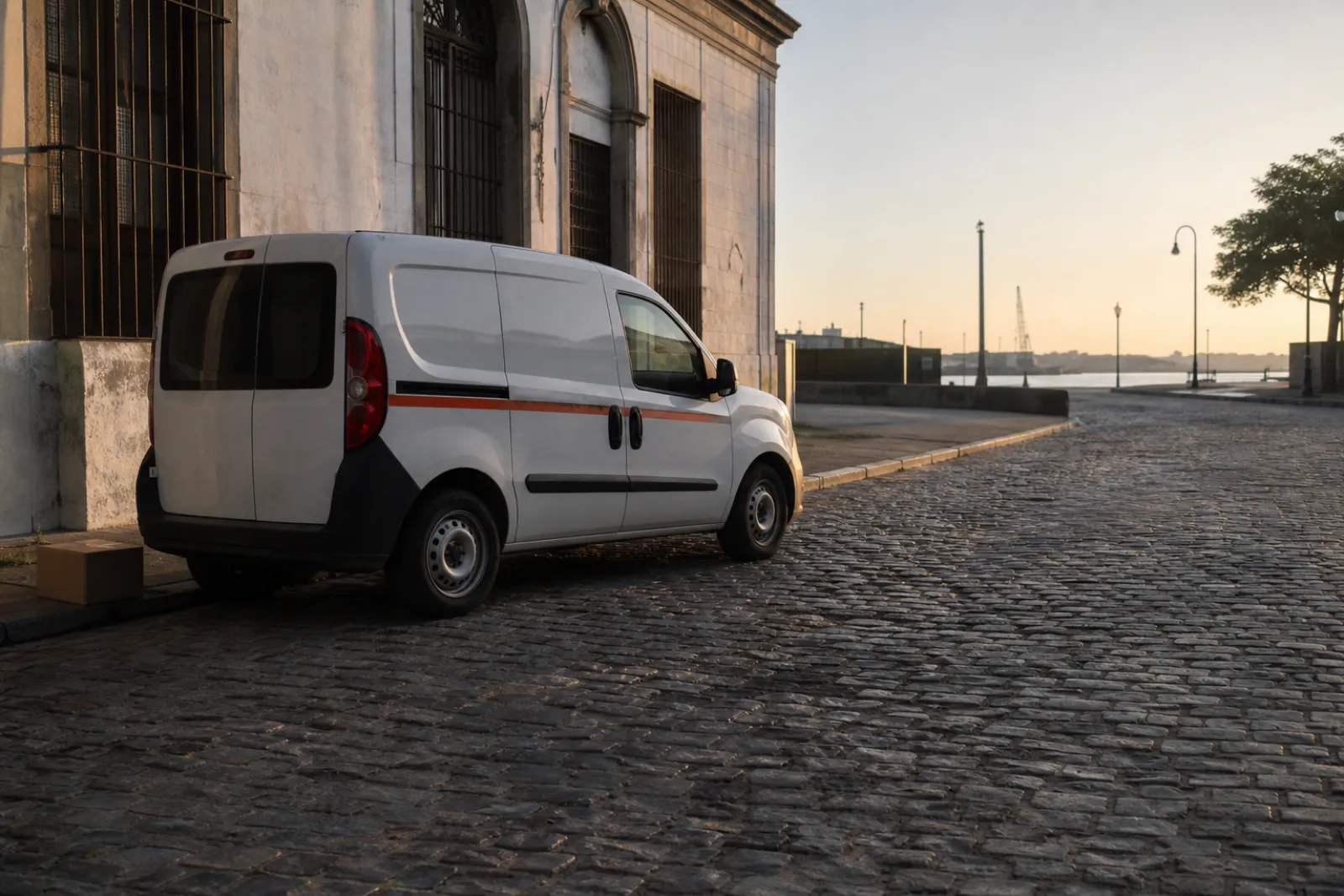 A small white delivery van parked on a cobbled Montevideo street at dawn, with a parcel on the kerb.